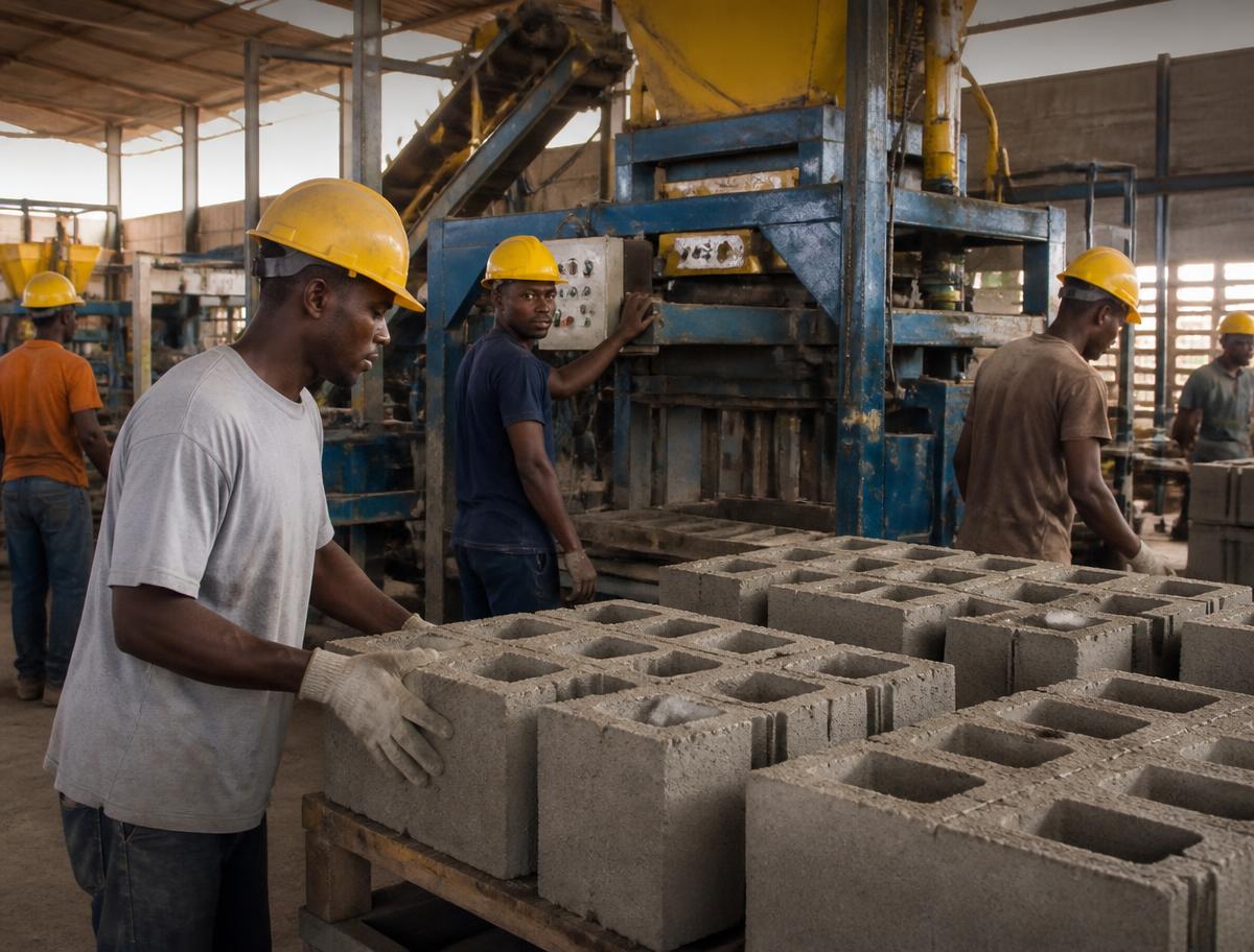 Black Jamaican production team working at the block-making machine